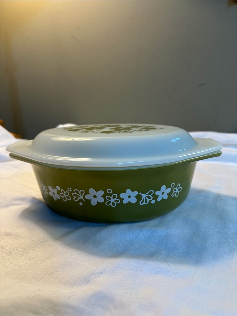 Vintage Pyrex Olive Green Floral Casserole with White Lid